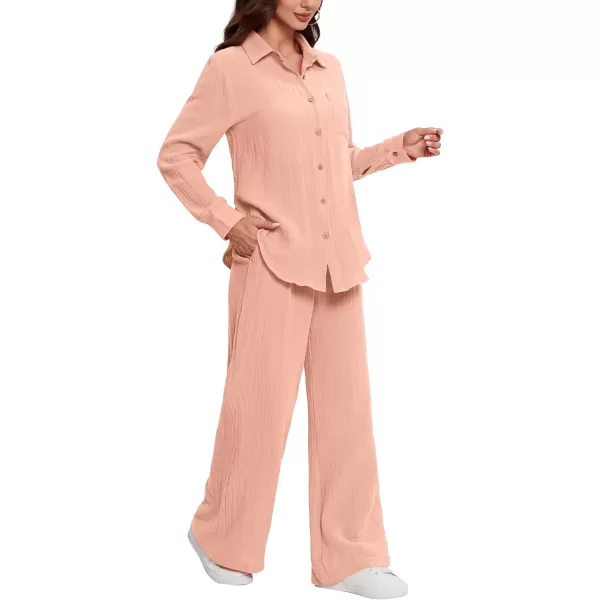LYANER Women's 2 Piece Outfits Casual Long Sleeve Button Down Shirt and High Waist Wide Leg Pants Set