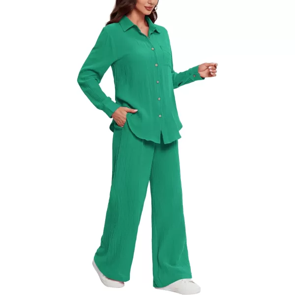 LYANER Women's 2 Piece Outfits Casual Long Sleeve Button Down Shirt and High Waist Wide Leg Pants Set