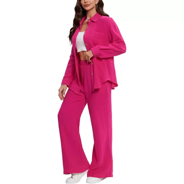LYANER Women's 2 Piece Outfits Casual Long Sleeve Button Down Shirt and High Waist Wide Leg Pants Set