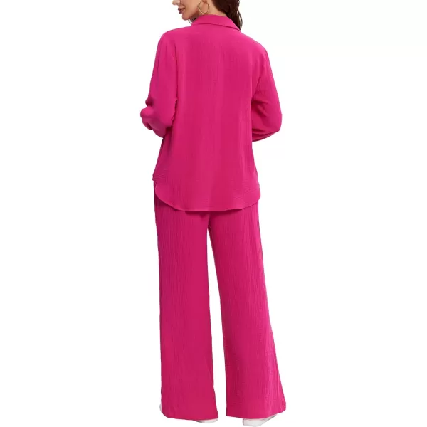 LYANER Women's 2 Piece Outfits Casual Long Sleeve Button Down Shirt and High Waist Wide Leg Pants Set