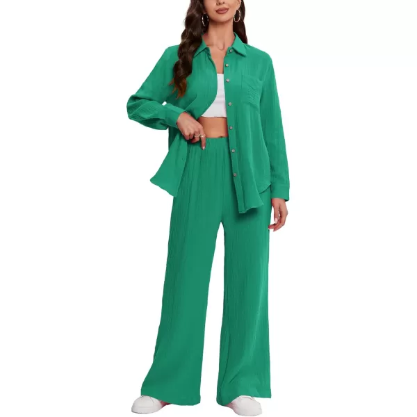 LYANER Women's 2 Piece Outfits Casual Long Sleeve Button Down Shirt and High Waist Wide Leg Pants Set