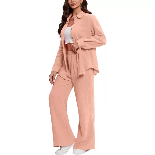 LYANER Women's 2 Piece Outfits Casual Long Sleeve Button Down Shirt and High Waist Wide Leg Pants Set