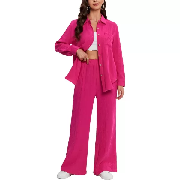 LYANER Women's 2 Piece Outfits Casual Long Sleeve Button Down Shirt and High Waist Wide Leg Pants Set