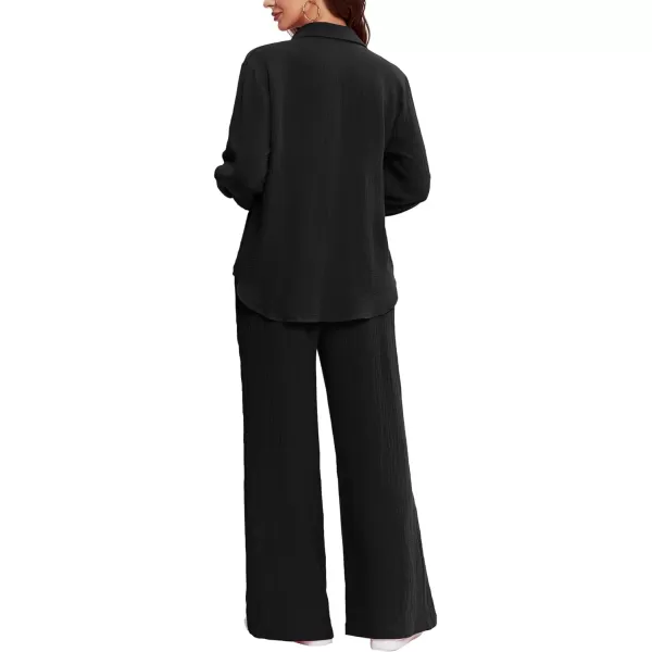 LYANER Women's 2 Piece Outfits Casual Long Sleeve Button Down Shirt and High Waist Wide Leg Pants Set