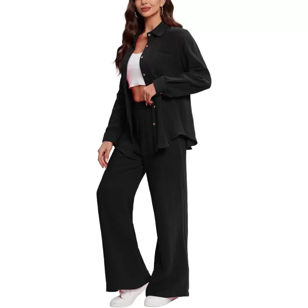 LYANER Women's 2 Piece Outfits Casual Long Sleeve Button Down Shirt and High Waist Wide Leg Pants Set