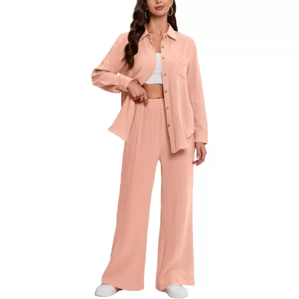 LYANER Women's 2 Piece Outfits Casual Long Sleeve Button Down Shirt and High Waist Wide Leg Pants Set