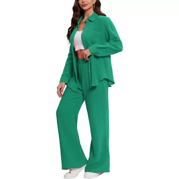 LYANER Women's 2 Piece Outfits Casual Long Sleeve Button Down Shirt and High Waist Wide Leg Pants Set