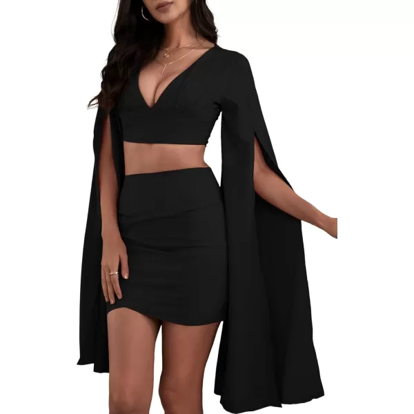 LYANER Women's 2 Piece Outfits Cloak Long Sleeve Crop Top and Ruched Mini Skirt Set