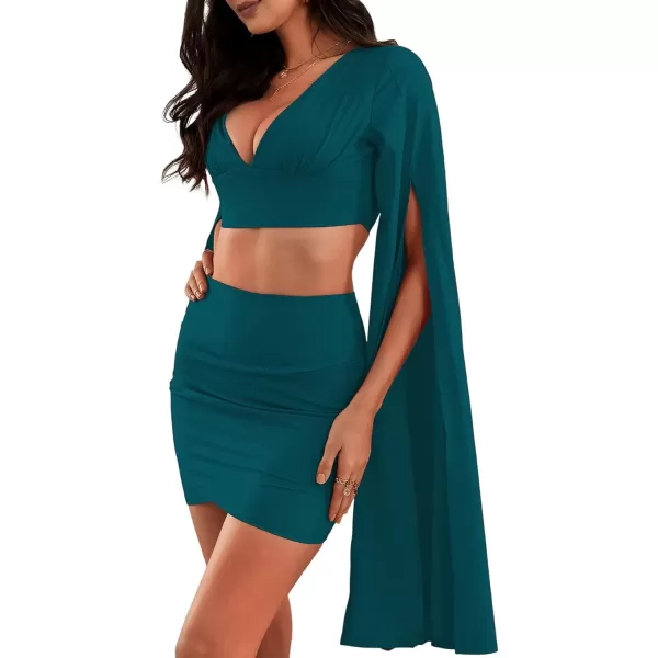 LYANER Women's 2 Piece Outfits Cloak Long Sleeve Crop Top and Ruched Mini Skirt Set