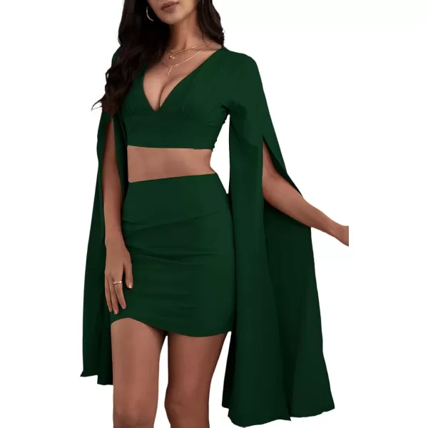 LYANER Women's 2 Piece Outfits Cloak Long Sleeve Crop Top and Ruched Mini Skirt Set