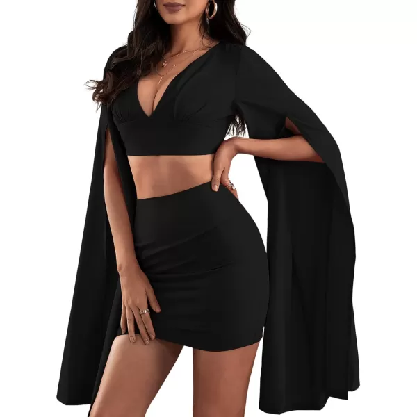 LYANER Women's 2 Piece Outfits Cloak Long Sleeve Crop Top and Ruched Mini Skirt Set