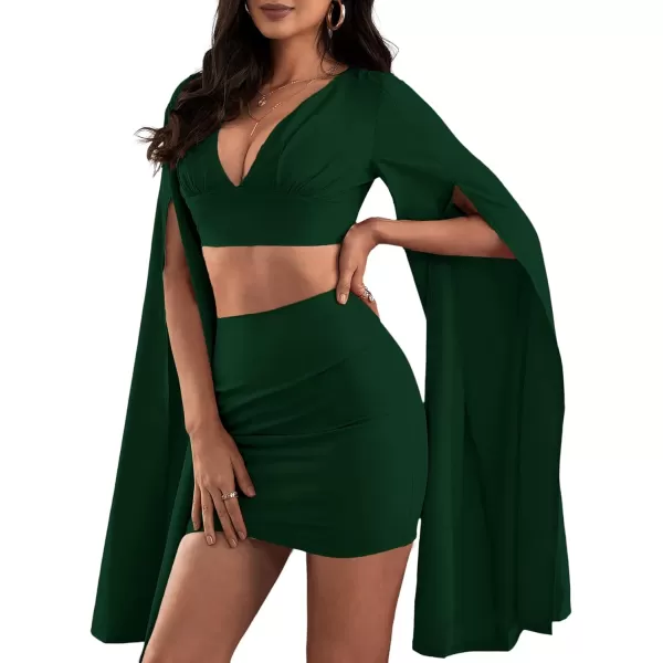 LYANER Women's 2 Piece Outfits Cloak Long Sleeve Crop Top and Ruched Mini Skirt Set