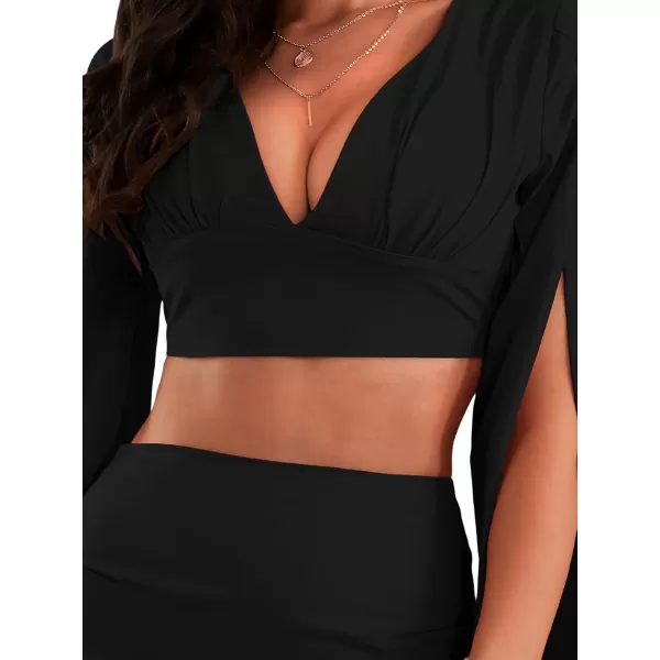 LYANER Women's 2 Piece Outfits Cloak Long Sleeve Crop Top and Ruched Mini Skirt Set
