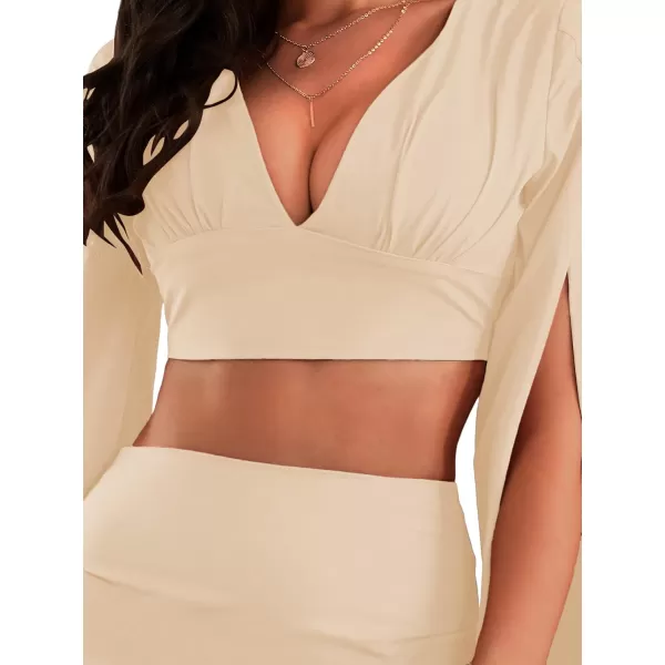 LYANER Women's 2 Piece Outfits Cloak Long Sleeve Crop Top and Ruched Mini Skirt Set
