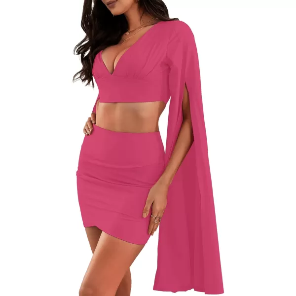 LYANER Women's 2 Piece Outfits Cloak Long Sleeve Crop Top and Ruched Mini Skirt Set