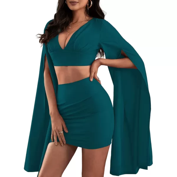 LYANER Women's 2 Piece Outfits Cloak Long Sleeve Crop Top and Ruched Mini Skirt Set