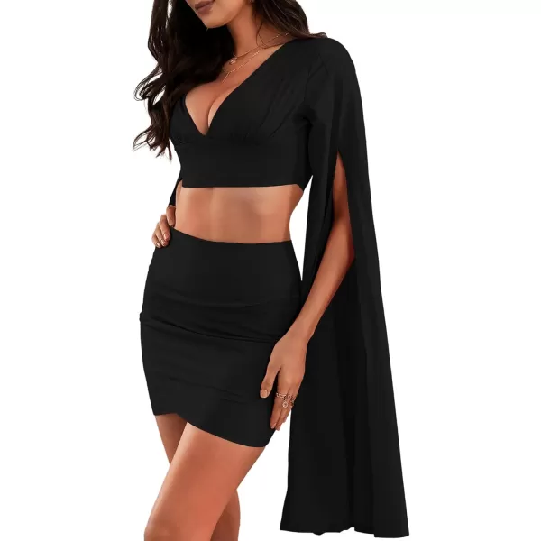 LYANER Women's 2 Piece Outfits Cloak Long Sleeve Crop Top and Ruched Mini Skirt Set