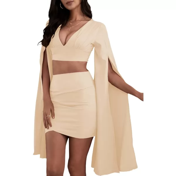 LYANER Women's 2 Piece Outfits Cloak Long Sleeve Crop Top and Ruched Mini Skirt Set