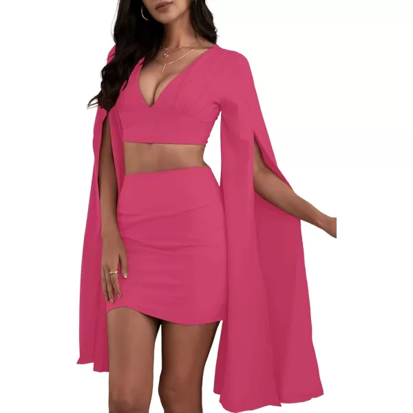 LYANER Women's 2 Piece Outfits Cloak Long Sleeve Crop Top and Ruched Mini Skirt Set