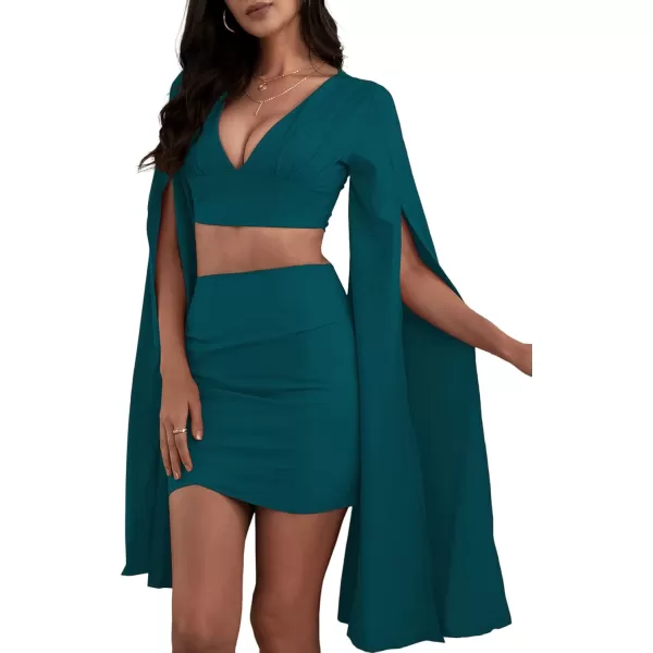 LYANER Women's 2 Piece Outfits Cloak Long Sleeve Crop Top and Ruched Mini Skirt Set