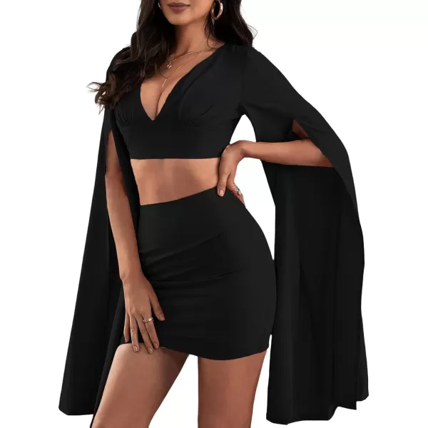LYANER Women's 2 Piece Outfits Cloak Long Sleeve Crop Top and Ruched Mini Skirt Set