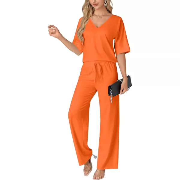 LYANER Women's 2 Piece Outfits Deep V Neck Long Sleeve Backless Tops and Wide Leg Pants Set