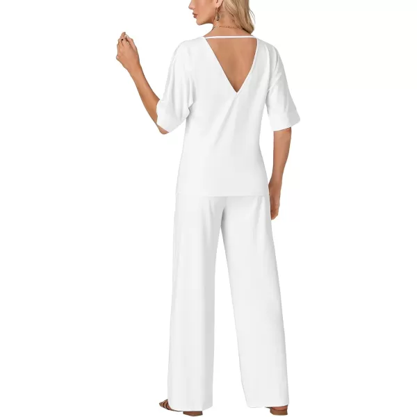 LYANER Women's 2 Piece Outfits Deep V Neck Long Sleeve Backless Tops and Wide Leg Pants Set