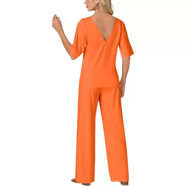 LYANER Women's 2 Piece Outfits Deep V Neck Long Sleeve Backless Tops and Wide Leg Pants Set