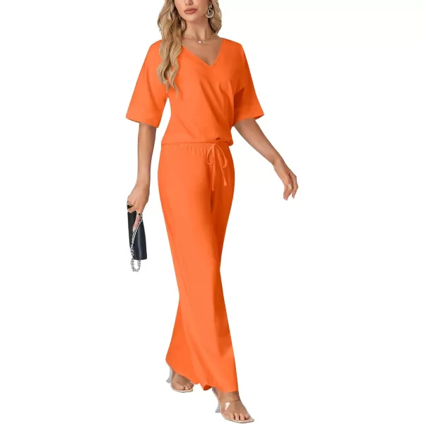 LYANER Women's 2 Piece Outfits Deep V Neck Long Sleeve Backless Tops and Wide Leg Pants Set