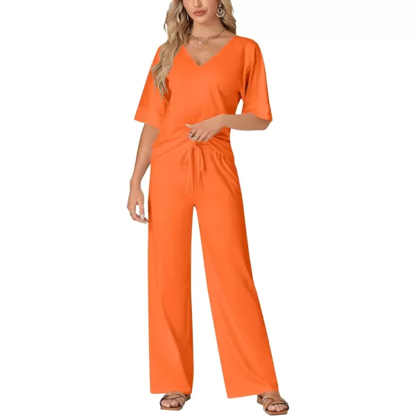 LYANER Women's 2 Piece Outfits Deep V Neck Long Sleeve Backless Tops and Wide Leg Pants Set
