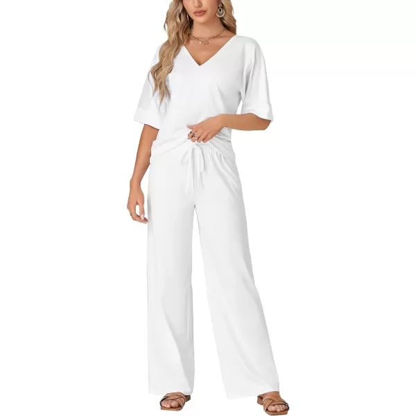 LYANER Women's 2 Piece Outfits Deep V Neck Long Sleeve Backless Tops and Wide Leg Pants Set