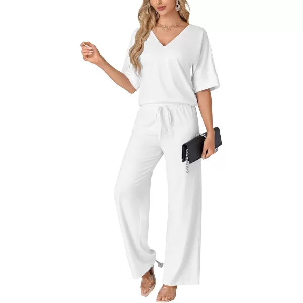 LYANER Women's 2 Piece Outfits Deep V Neck Long Sleeve Backless Tops and Wide Leg Pants Set
