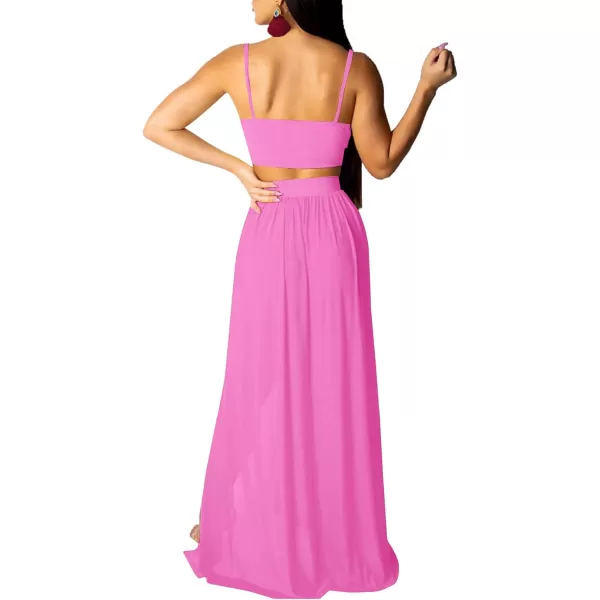 LYANER Women's 2 Piece Outfits Deep V Neck Spaghetti Strap Sleeveless Crop Top and High Side Split Cocktail Maxi Skirt