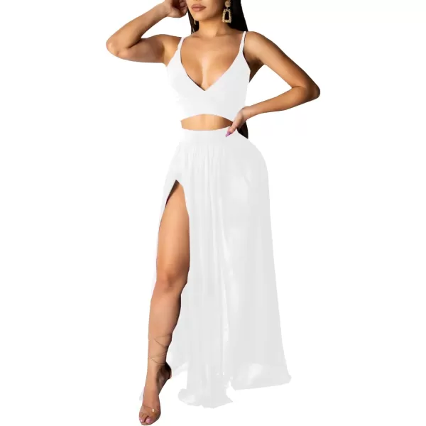 LYANER Women's 2 Piece Outfits Deep V Neck Spaghetti Strap Sleeveless Crop Top and High Side Split Cocktail Maxi Skirt