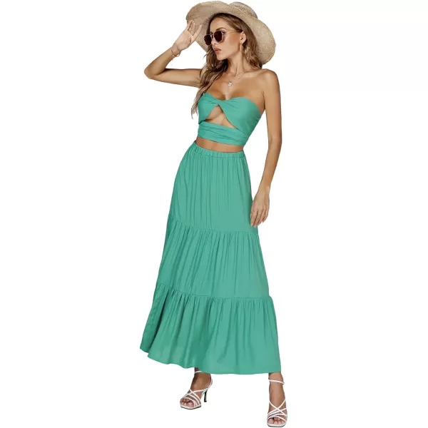 LYANER Women's 2 Piece Outfits Dress Twist Cut Out Tube Crop Top and Ruffle Maxi Skirt Set
