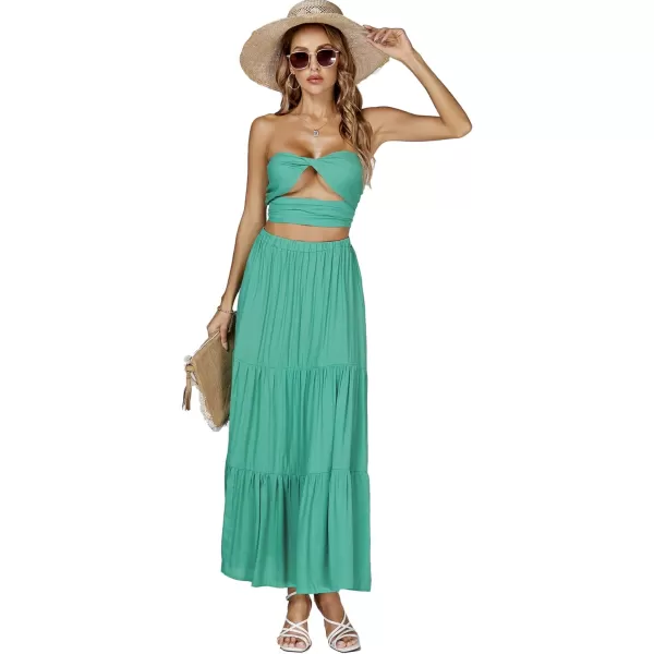 LYANER Women's 2 Piece Outfits Dress Twist Cut Out Tube Crop Top and Ruffle Maxi Skirt Set