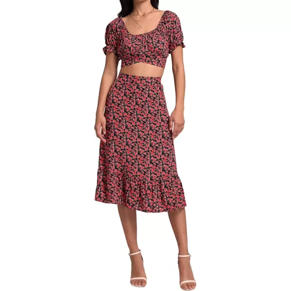 LYANER Women's 2 Piece Outfits Floral Self Tie Knot Crop Top and Midi Skirt Set