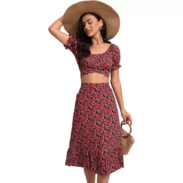 LYANER Women's 2 Piece Outfits Floral Self Tie Knot Crop Top and Midi Skirt Set
