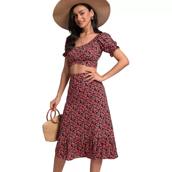LYANER Women's 2 Piece Outfits Floral Self Tie Knot Crop Top and Midi Skirt Set