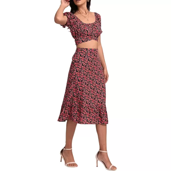 LYANER Women's 2 Piece Outfits Floral Self Tie Knot Crop Top and Midi Skirt Set