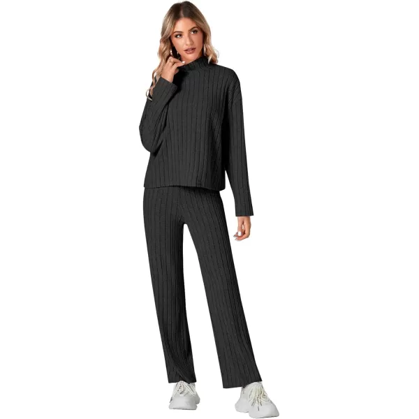 LYANER Women's 2 Piece Outfits High Neck Long Sleeve Ribbed Knit Sweater Wide Leg Pant Athletic Tracksuit Sweatsuits