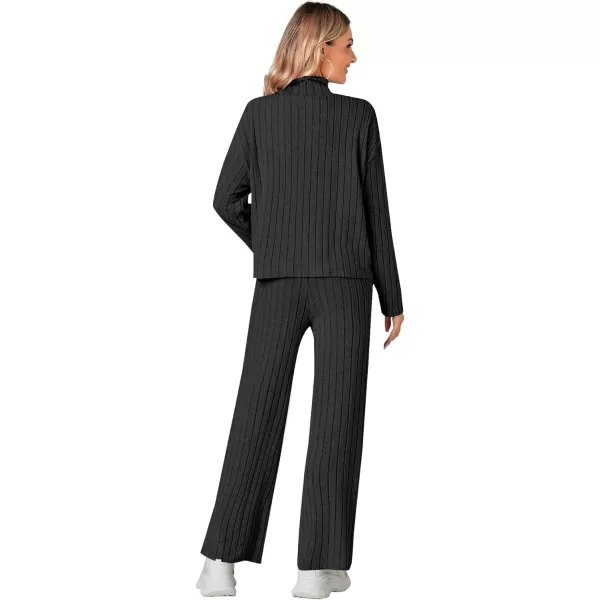 LYANER Women's 2 Piece Outfits High Neck Long Sleeve Ribbed Knit Sweater Wide Leg Pant Athletic Tracksuit Sweatsuits