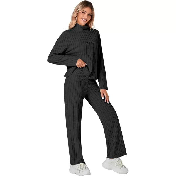 LYANER Women's 2 Piece Outfits High Neck Long Sleeve Ribbed Knit Sweater Wide Leg Pant Athletic Tracksuit Sweatsuits