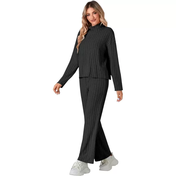 LYANER Women's 2 Piece Outfits High Neck Long Sleeve Ribbed Knit Sweater Wide Leg Pant Athletic Tracksuit Sweatsuits