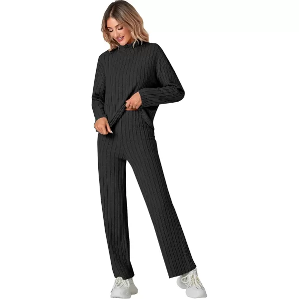 LYANER Women's 2 Piece Outfits High Neck Long Sleeve Ribbed Knit Sweater Wide Leg Pant Athletic Tracksuit Sweatsuits