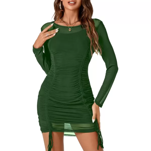 LYANER Women's 2 Piece Outfits Mesh Long Sleeve Ruched Drawstring Bodycon Mini Dress