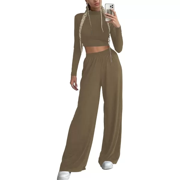 LYANER Women's 2 Piece Outfits Mock Neck Long Sleeve Crop Tops and Wide Leg Pants Set