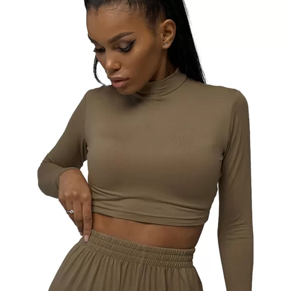 LYANER Women's 2 Piece Outfits Mock Neck Long Sleeve Crop Tops and Wide Leg Pants Set