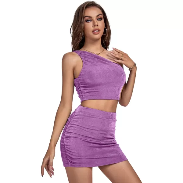 LYANER Women's 2 Piece Outfits One Shoulder Crop Top and Mini Skirt Set