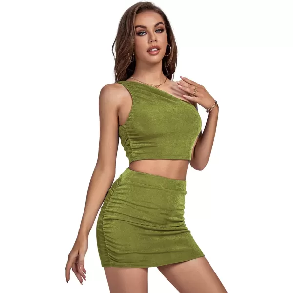 LYANER Women's 2 Piece Outfits One Shoulder Crop Top and Mini Skirt Set
